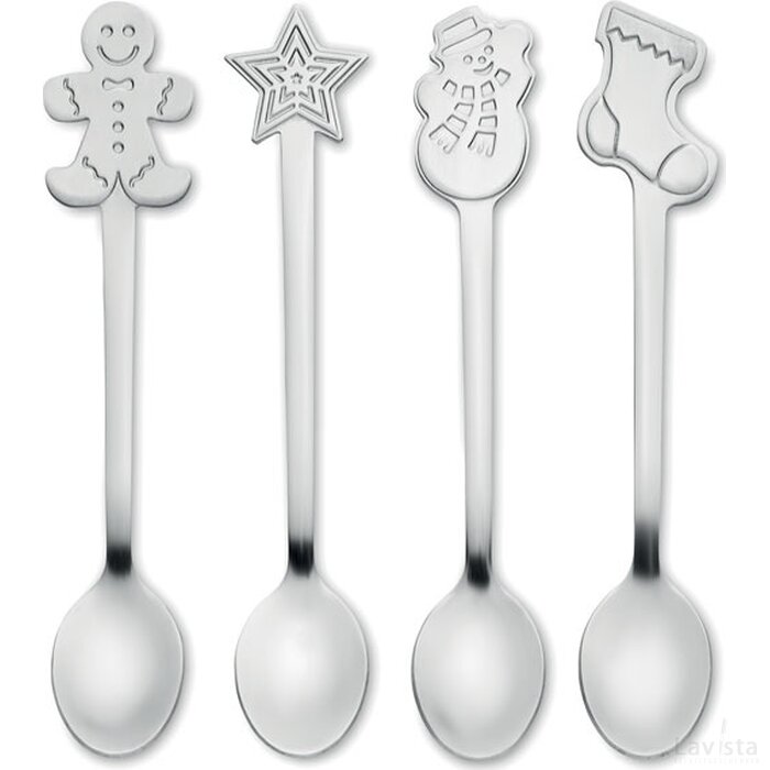 Set van 4 kerst theelepeltjes Chip set mat zilver